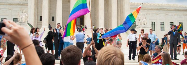 LGPT+ flags waved outside courthouse